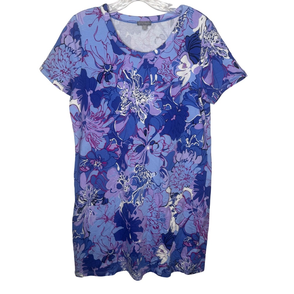 T by Talbots Floral T-Shirt‎ Dress Blue Purple Petite Medium Short Sleeve